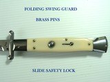 MIB AKC ("AUTOMATIC KNIFE CREATIONS") FULL 10" SWING GUARD FAUX IVORY SWITCHBLADE 4 1/2' BAYONET RAZOR EDGE BLADE. FIRES ST - 2 of 5