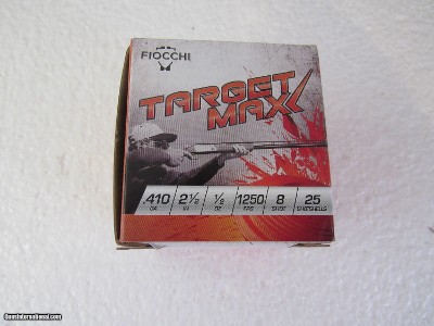 410 Shotgun Ammunition
#8 Shot
FIOCCHI
2 1/2 Inch Low Brass Shells
1250fps Muz Velocity
Case 250 Rounds $20 Ship