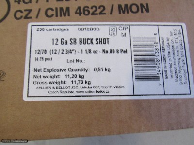 12 GAUGE 00 BUCK SHOT
SELLIER & BELLOT (S&B)
1214fps Muz Vel
9 PELLET
2 3/4 Inch Shells
Case 250 Shells
$25 SHIP