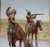 Original John Hauser 1906 painting of Plains Indians with 66 Winchester gouache on board 16 X 20 - 2 of 14