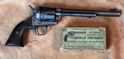 Colt Single Action, mfg. 1882, 45 caliber, 7-1/2 barrel, Eagle grips, 85%