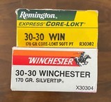 Winchester & Remington 30-30 170 gr. Win. 170 gr. silver tip. Rem. 170 gr. core-lokt soft point 20rds in each box. - 1 of 4