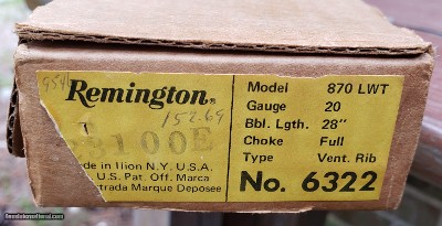 Remington Mod 870, 20 LWT, 20 Ga, 2-3/4