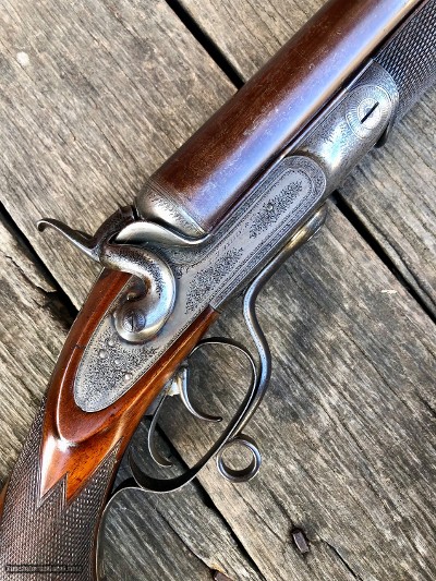 FINE ENGRAVED E. M. REILLY & CO. DOUBLE 8 BORE DAMASCUS HAMMER UNDERLEVER SIDELOCK ACTION ANTI-AIRCRAFT (i.e., DUCK) GUN