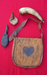 Original antique hunting pouch and powder horn - 1 of 12