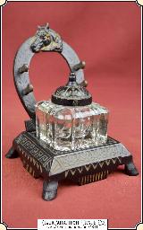 Antique Cast Iron Peck, Stow & Wilcox Co. Horseshoe Inkwell Stand with Pressed Glass Ink Reservoir - 1 of 11