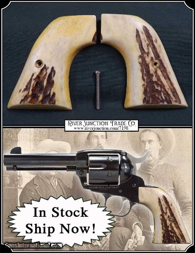 Light Antiqued Elk Horn Grips with Bark for Ruger New Vaquero RJT# 7198 - Image 1 of 7