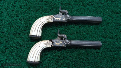 CASED PAIR GOLD INLAID BELGIAN SINGLE SHOT PERCUSSION PISTOLS