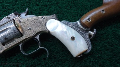 FANTASTIC SMITH & WESSON NIMSCHKE ENGRAVED CASED 2ND MODEL PRESENTATION PISTOL WITH PEARL GRIPS AND RARE SHOULDER STOCK - Image 15 of 25