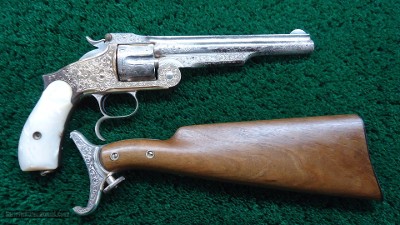 FANTASTIC SMITH & WESSON NIMSCHKE ENGRAVED CASED 2ND MODEL PRESENTATION PISTOL WITH PEARL GRIPS AND RARE SHOULDER STOCK - Image 8 of 25