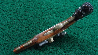 ENGRAVED EUROPEAN FLINTLOCK POCKET PISTOL WITH FIGURAL “MOOR’S HEAD” CARVED POMMEL - Image 4 of 15