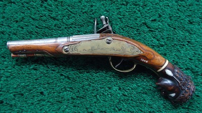ENGRAVED EUROPEAN FLINTLOCK POCKET PISTOL WITH FIGURAL “MOOR’S HEAD” CARVED POMMEL - Image 2 of 15