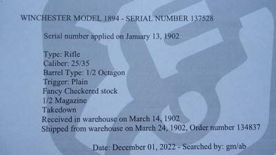 SPECIAL ORDER WINCHESTER MODEL 1894 STRAIGHT STOCK DELUXE RIFLE IN 25-35 WCF - Image 16 of 25