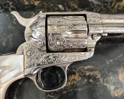 ENGRAVED 1899 MADE COLT SAA IN 44-40 CAL, COLT SINGLE ACTION ARMY PEARL GRIPS STEER HEAD RUBY EYES - Image 2 of 12