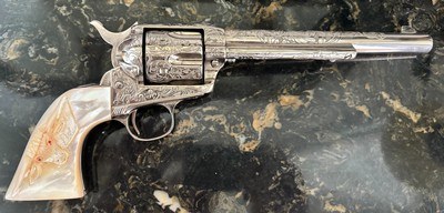 ENGRAVED 1899 MADE COLT SAA IN 44-40 CAL, COLT SINGLE ACTION ARMY PEARL GRIPS STEER HEAD RUBY EYES - Image 1 of 12