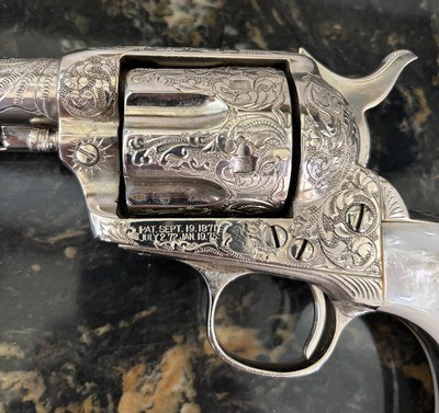 ENGRAVED 1899 MADE COLT SAA IN 44-40 CAL, COLT SINGLE ACTION ARMY PEARL GRIPS STEER HEAD RUBY EYES - Image 5 of 12