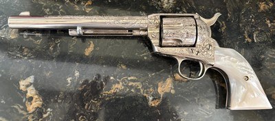 ENGRAVED 1899 MADE COLT SAA IN 44-40 CAL, COLT SINGLE ACTION ARMY PEARL GRIPS STEER HEAD RUBY EYES - Image 4 of 12