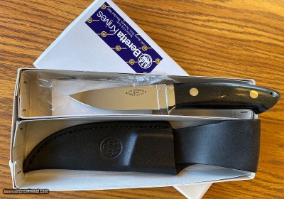LOVELESS DESIGN BERETTA KNIFE, SKINNER, BLACK MICARTA, NEW IN BOX.