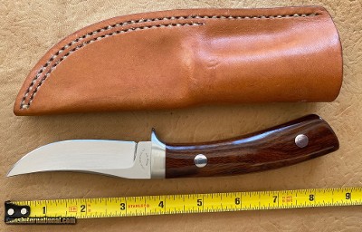 J. B. MOORE CUSTOM KNIFE, UPSWEPT SKINNER, EXOTIC WOOD, NEW WITH SHEATH