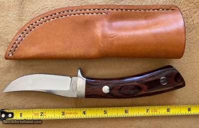 J. B. MOORE CUSTOM KNIFE, UPSWEPT SKINNER, EXOTIC WOOD, NEW WITH SHEATH