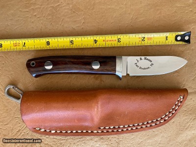 J. B. MOORE CUSTOM KNIFE, SEMI SKINNER, EXOTIC WOOD, NEW WITH SHEATH