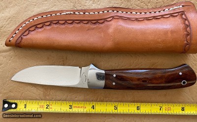 J. B. MOORE CUSTOM KNIFE, DROP POINT, EXOTIC WOOD, NEW WITH SHEATH