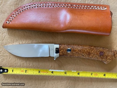 J. B. MOORE CUSTOM KNIFE, DROP POINT, EXOTIC WOOD, NEW WITH SHEATH