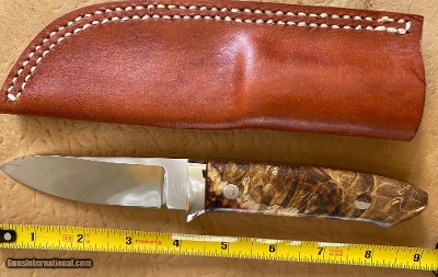 J. B. MOORE CUSTOM KNIFE, SEMI SKINNER, EXOTIC WOOD, NEW WITH SHEATH