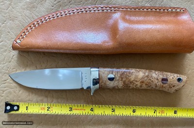 J. B. MOORE CUSTOM KNIFE, DROP POINT, EXOTIC WOOD, NEW WITH SHEATH