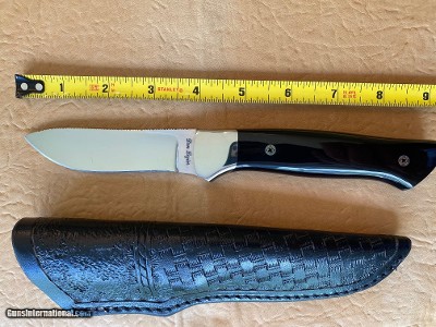 DON LOZIER HAND MADE CUSTOM KNIFE, BLACK MICARTA, LEATHER SHEATH, BRAND NEW