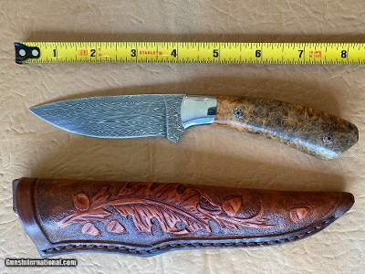 DON LOZIER HAND MADE CUSTOM KNIFE, EXOTIC WOOD, DAMASCUS BLADE, LEATHER SHEATH, BRAND NEW