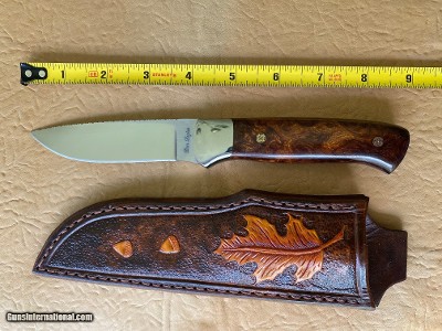 DON LOZIER HAND MADE CUSTOM KNIFE, EXOTIC WOOD, LEATHER SHEATH, BRAND NEW