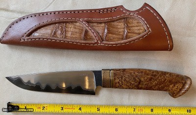 PATRICK TEYKE CUSTOM KNIFE, BURL WOOD, HAND MADE SHEATH, MADE IN GERMANY