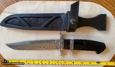 TEYKE SUBHILT FIGHTER, ENGRAVED, DAMASCUS, NEW WITH HANDMADE LEATHER SHEATH