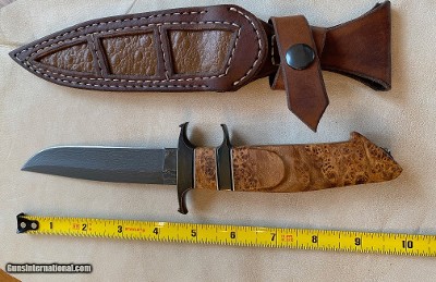 TEYKE SUBHILT FIGHTER, DAMASCUS, BURL WOOD,HAND MADE LEATHER SHEATH WITH INLAY