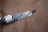 TEYKE SMALL FIXED BLADE, DAMASCUS, STAG HORN, WITH HAND MADE LEATHER SHEATH - 5 of 8