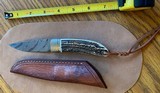 TEYKE SMALL FIXED BLADE, DAMASCUS, STAG HORN, WITH HAND MADE LEATHER SHEATH - 1 of 8