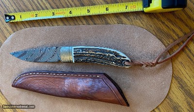 TEYKE SMALL FIXED BLADE, DAMASCUS, STAG HORN, WITH HAND MADE LEATHER SHEATH