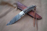 TEYKE SMALL FIXED BLADE, DAMASCUS, STAG HORN, WITH HAND MADE LEATHER SHEATH - 2 of 8