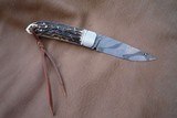 TEYKE SMALL FIXED BLADE, DAMASCUS, STAG HORN, WITH HAND MADE LEATHER SHEATH - 4 of 8