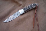 TEYKE SMALL FIXED BLADE, DAMASCUS, STAG HORN, WITH HAND MADE LEATHER SHEATH - 3 of 8