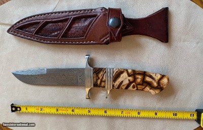 TEYKE SUBHILT CHUTE KNIFE, DAMASCUS, HAND MADE LEATHER SHEATH