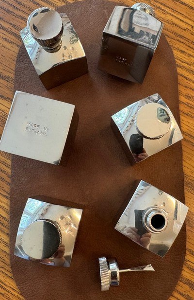 OIL BOTTLES, SQUARE, NICKEL, MADE IN ENGLAND, OLD INVENTORY, NEVER USED.