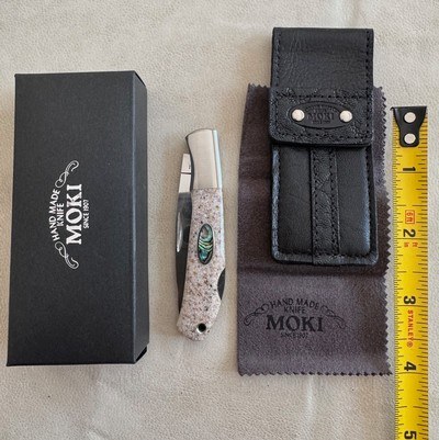MOKI FOLDING KNIFE, VINTAGE, EXOTIC STONE WITH ABALONE OVAL INLAY, NEW IN THE BOX - Image 1 of 4