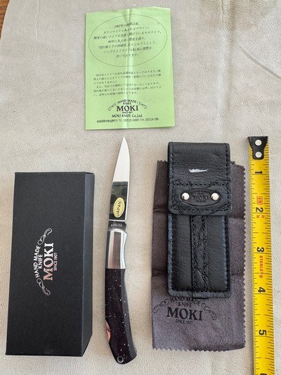 MOKI FOLDING KNIFE,VINTAGE, MIDNIGHT STONE WITH ABALONE INLAY, NEW IN THE BOX - Image 2 of 3