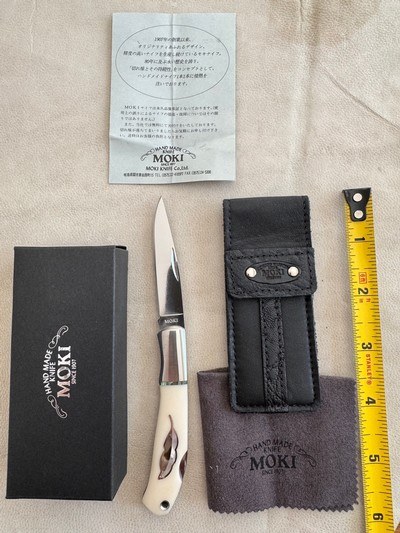 MOKI FOLDING KNIFE, IVORY MICARTA, LEAF ABALONE INLAY, NEW IN THE BOX - Image 1 of 3