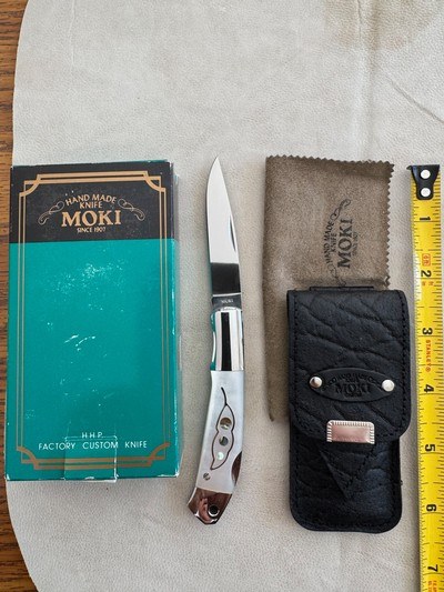 MOKI FOLDING KNIFE, MOTHER OF PEARL ,ABALONE LEAF INLAY, NEW IN ORIGINAL PACKAGING - Image 1 of 3