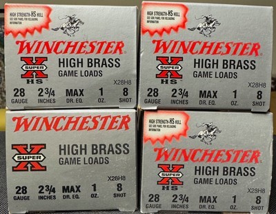 WINCHESTER AMMO SUPER X HIGH BRASS GAME LOADS 28GA 1OZ #8 SHOT, 4 BOXES - Image 1 of 1