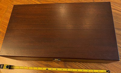 PRESENTATION HANDGUN CASE, MAHOGANY, MADE FOR COLT HERITAGE REVOLVER, GREEN VELVET INTERIOR, MINT CONDIITON.