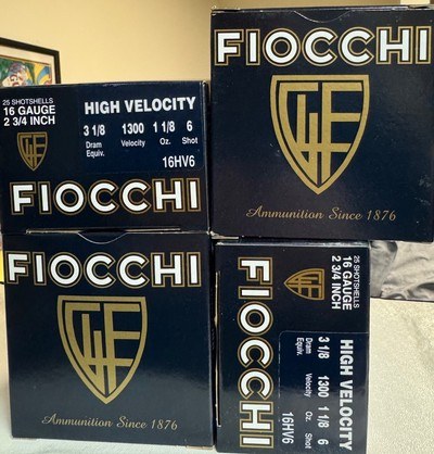 FIOCCHI AMMO 16GA2 3/4", 1OZ, #6 SHOT 4 BOXES (16HV6) - Image 1 of 1